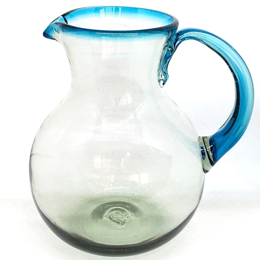 MEXICAN GLASSWARE / Aqua Blue Rim 120 oz Large Bola Pitcher / This modern pitcher is decorated with an aqua blue rim.
